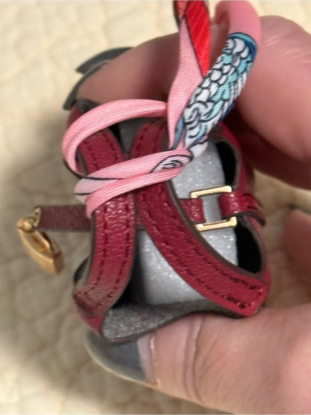 Bagcharm Mini Tote Bag Charm in Berry RED with Pink Scarf Accent and lock! NEW